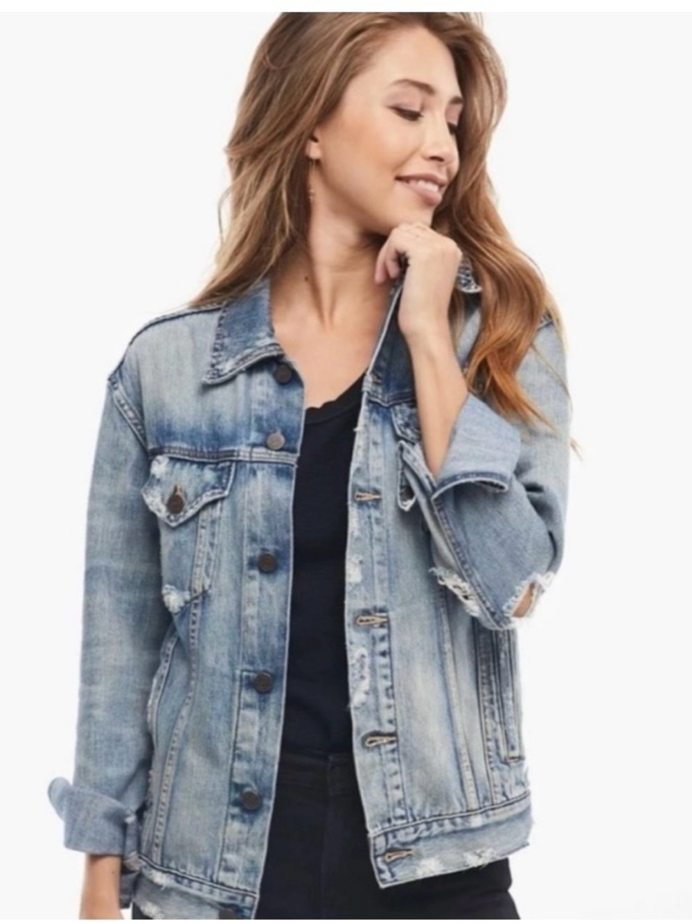 Able Merly Distressed Denim Trucker Jean Jacket Women’s Size Large